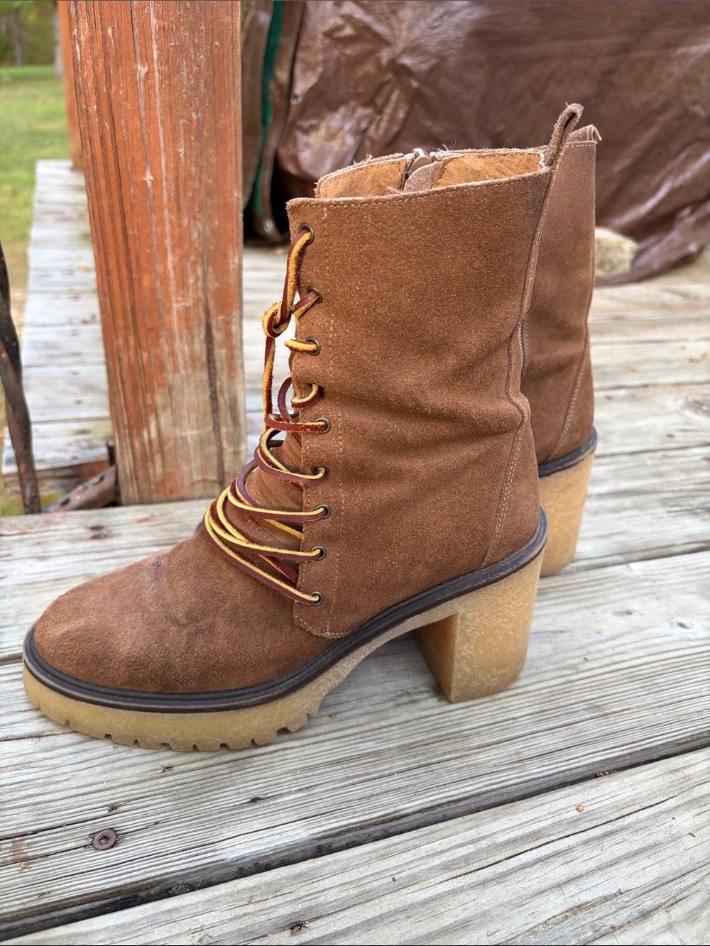 Free People Brown Suede Lace-Up Block Heel Boots
